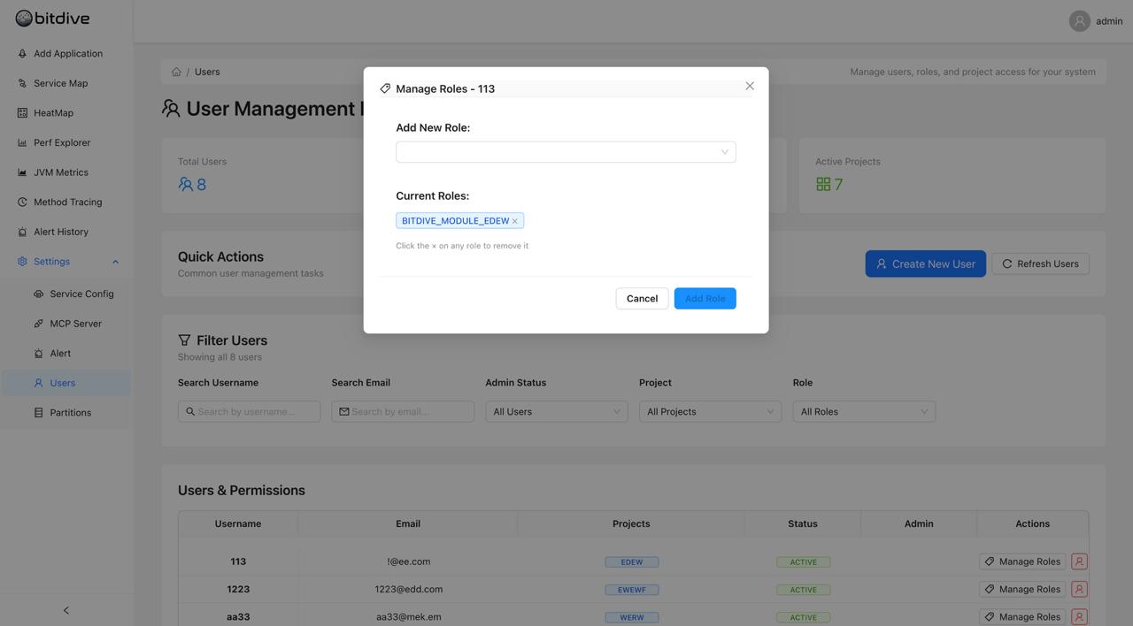 Adding User Roles - Selecting and applying technical roles from the BitDive RBAC dropdown