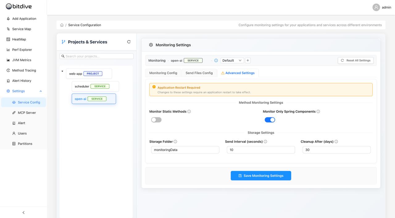 BitDive Advanced Settings - Fine-tuning storage, data cleanup, and framework-specific monitoring rules