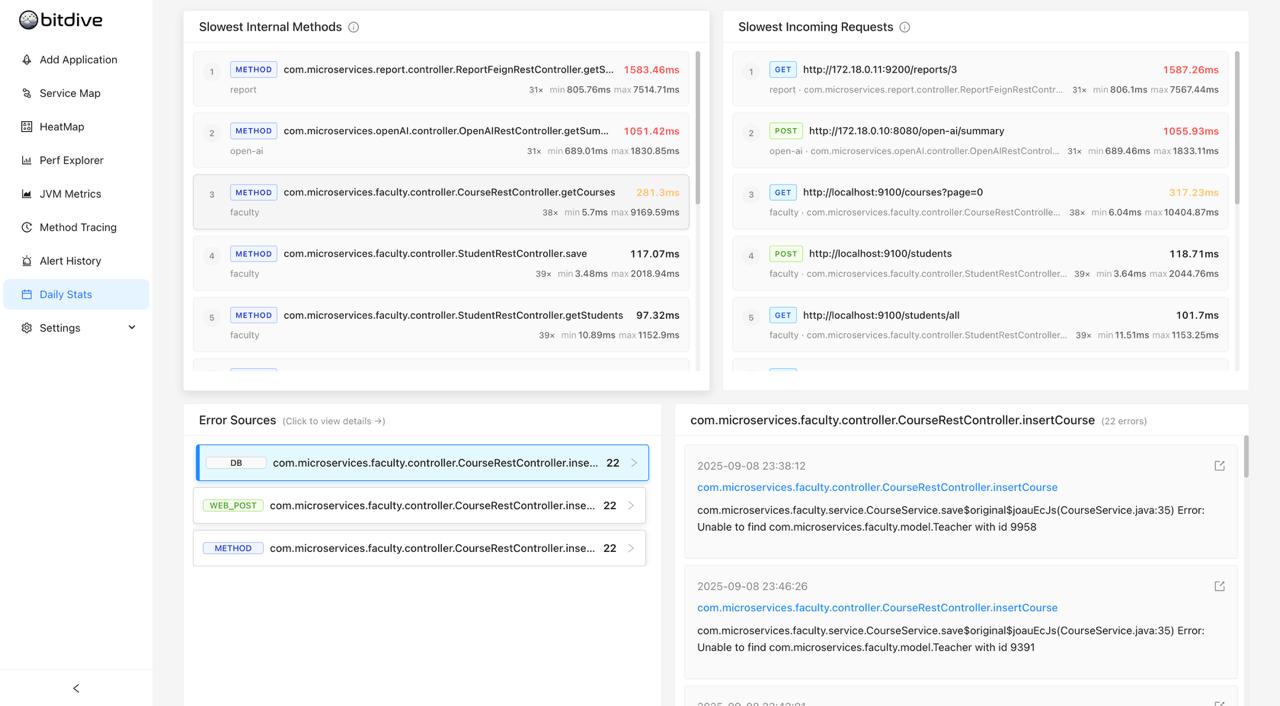 BitDive Performance Cards - Tracking slowest SQL queries, internal methods, and incoming HTTP requests