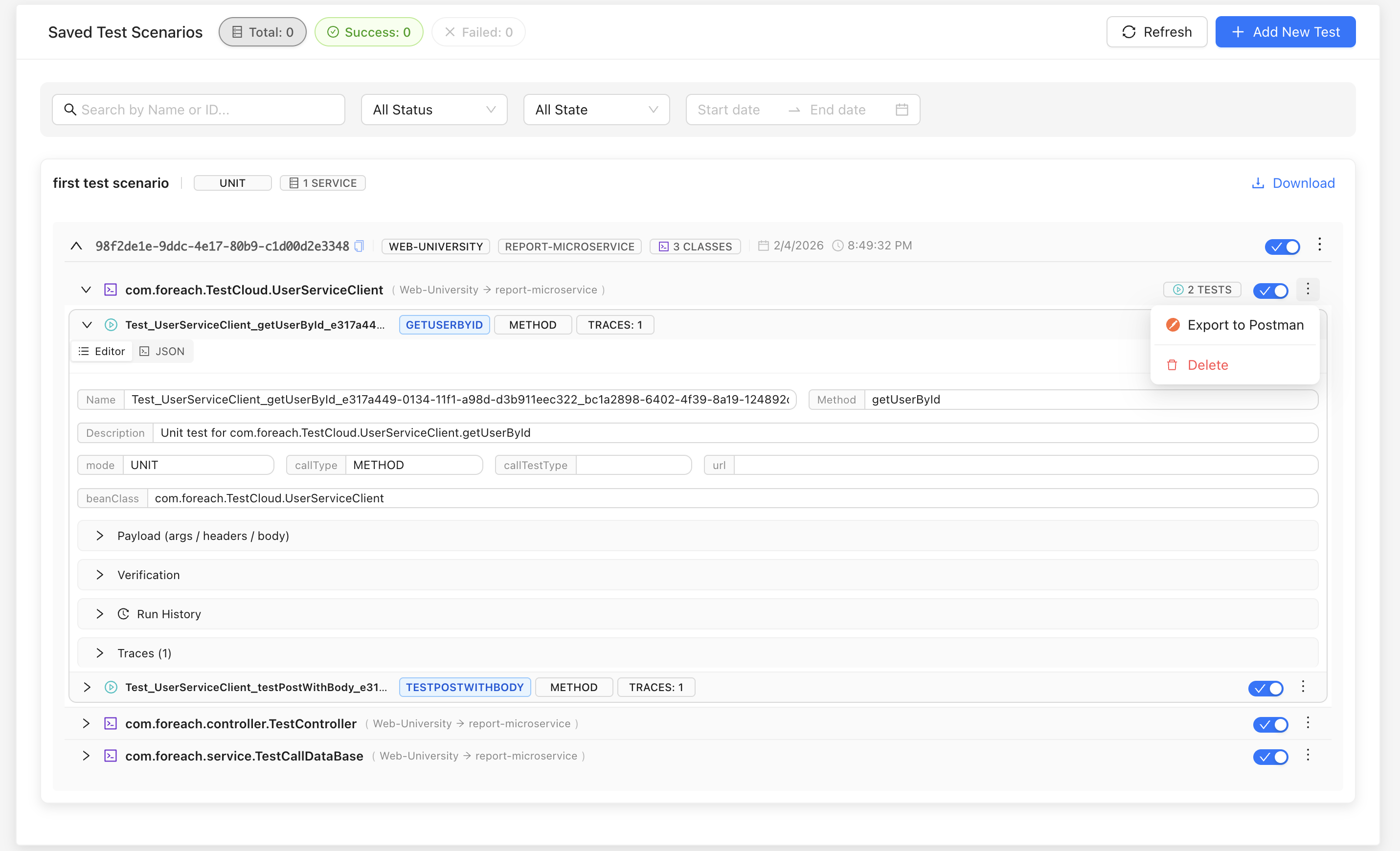 Exporting Test Classes - Generating Postman requests for targeted Java component debugging