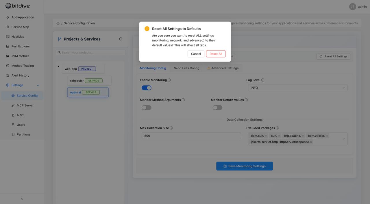 Resetting Configuration - Restoring BitDive monitoring settings to their default values
