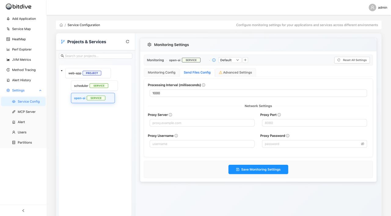 BitDive Network Configuration - Setting up server URLs, send intervals, and proxy settings for trace transmission