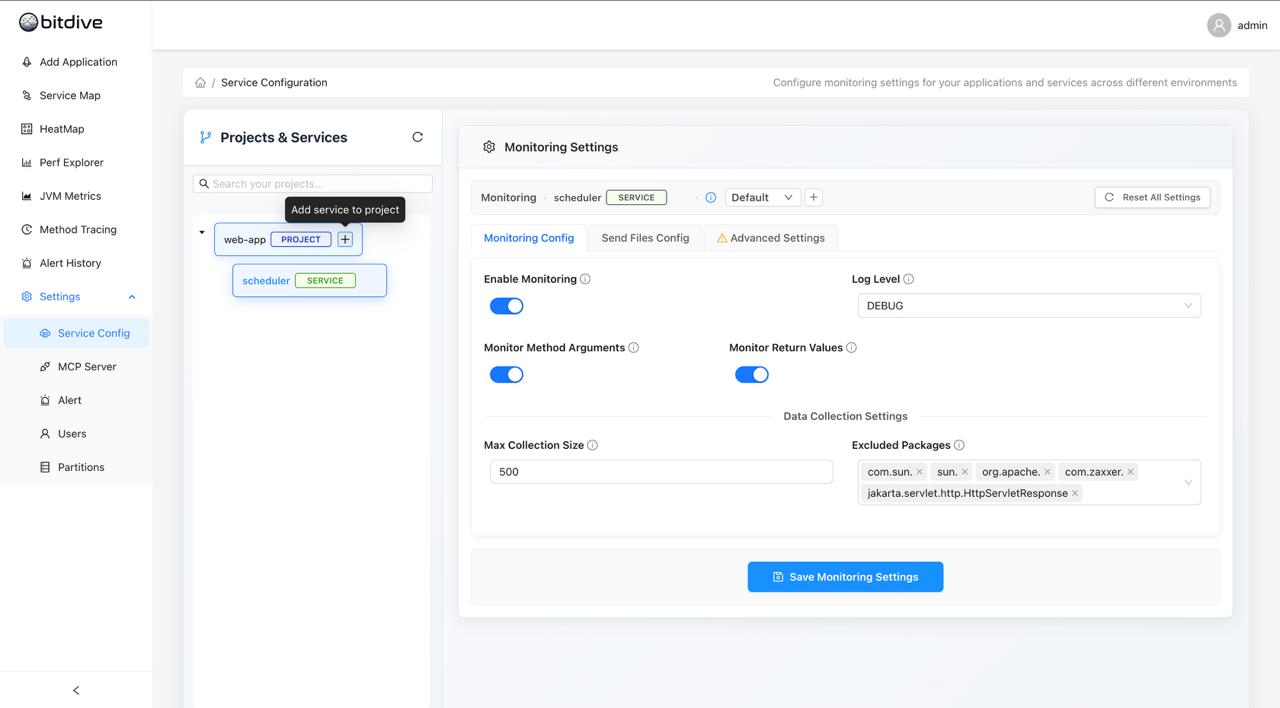 BitDive Service Selection - Choosing specific Java projects and services for configuration