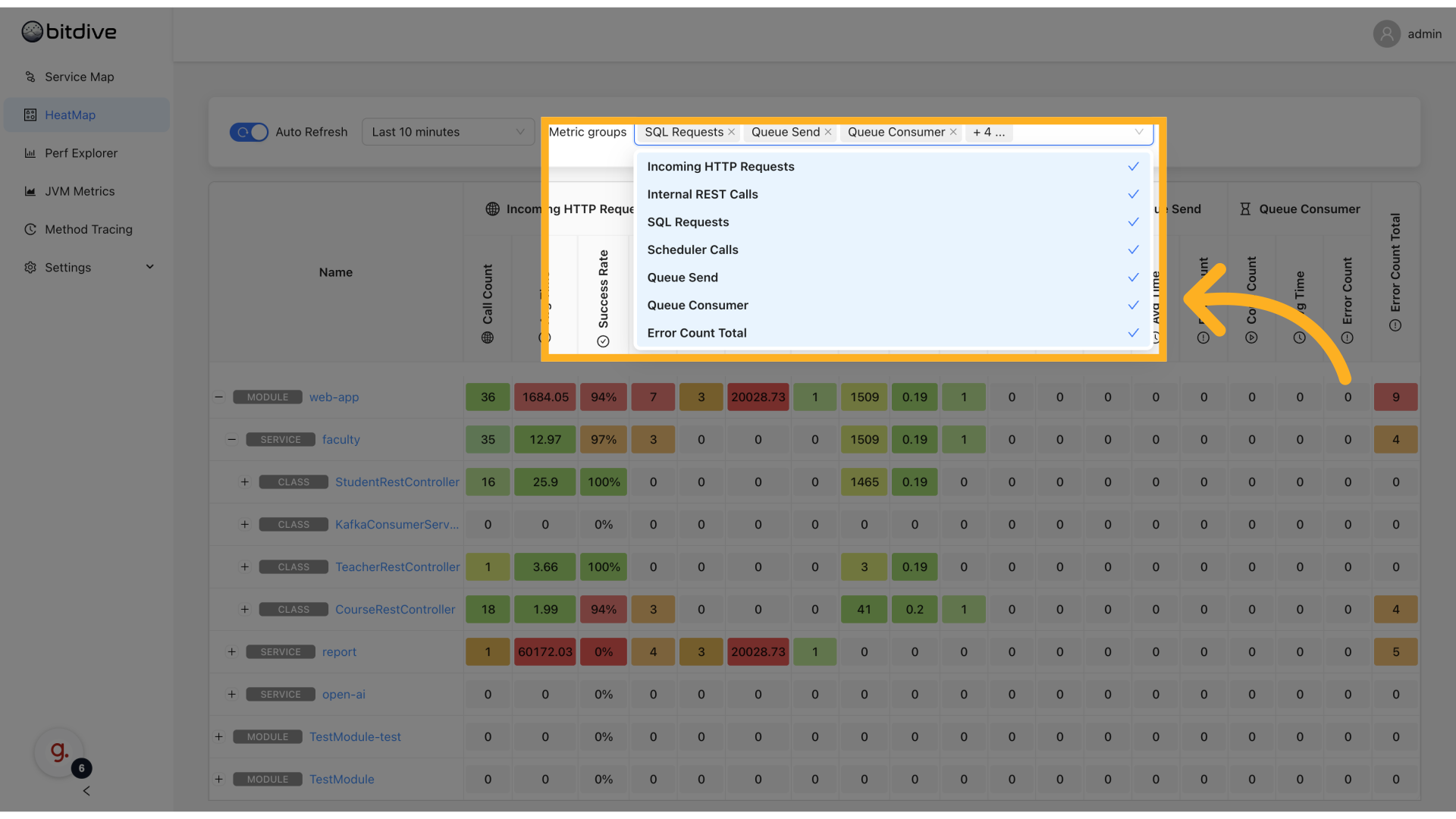 BitDive Metric Groups - Toggling between HTTP requests, SQL queries, and queue operations in the HeatMap