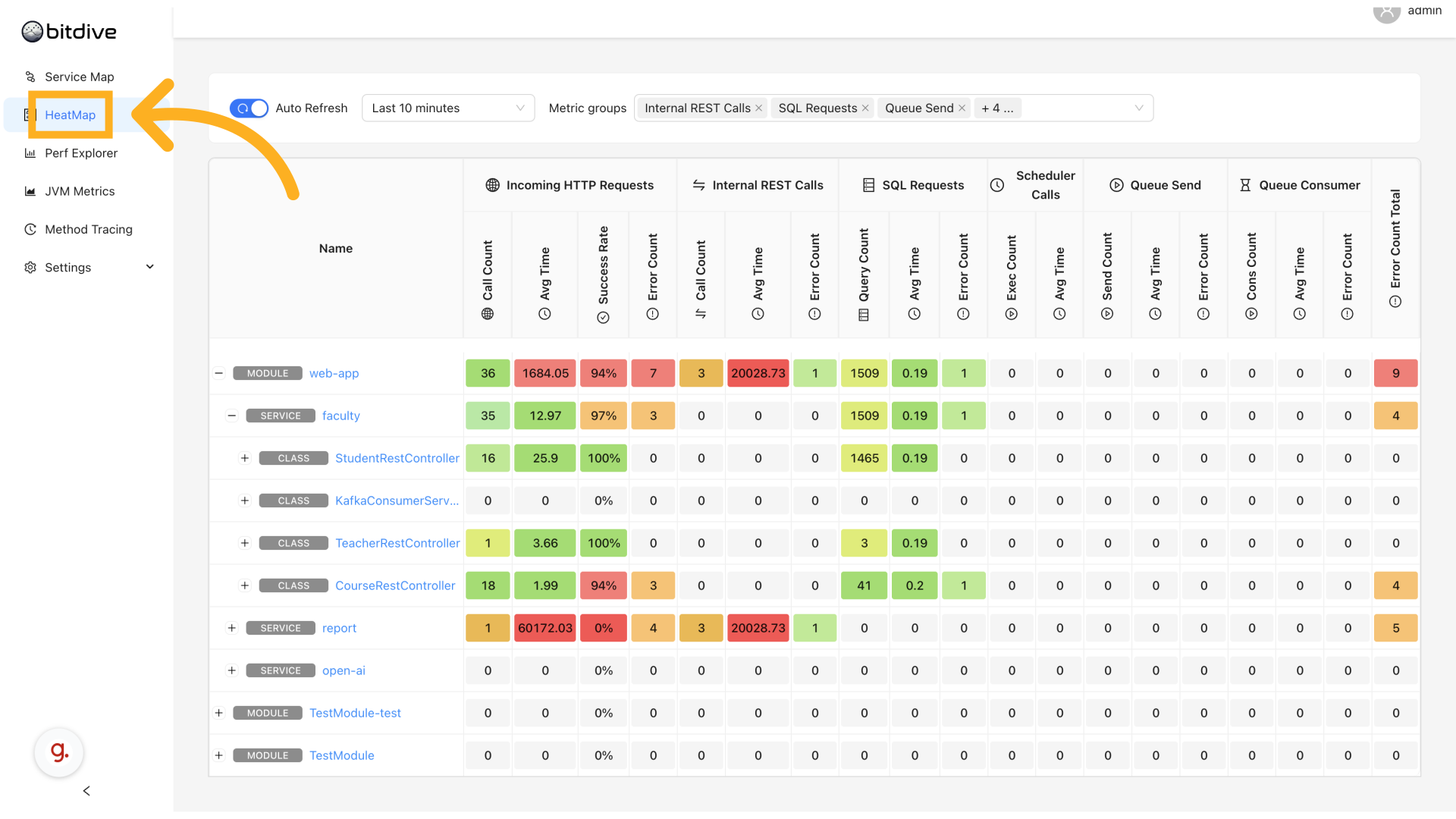 BitDive Navigation - Accessing the interactive HeatMap from the dashboard sidebar