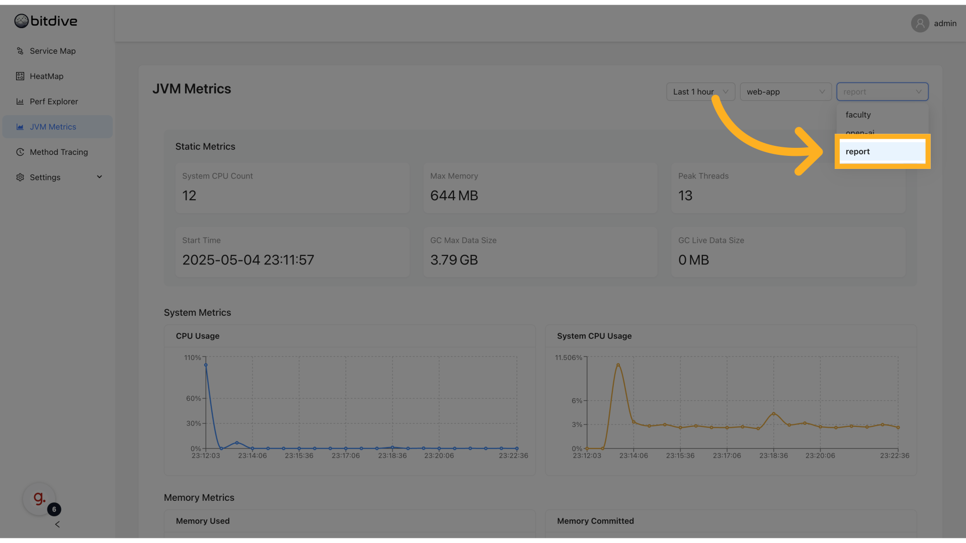 JVM Service Filtering - Drilling down into specific microservices for memory and CPU analysis