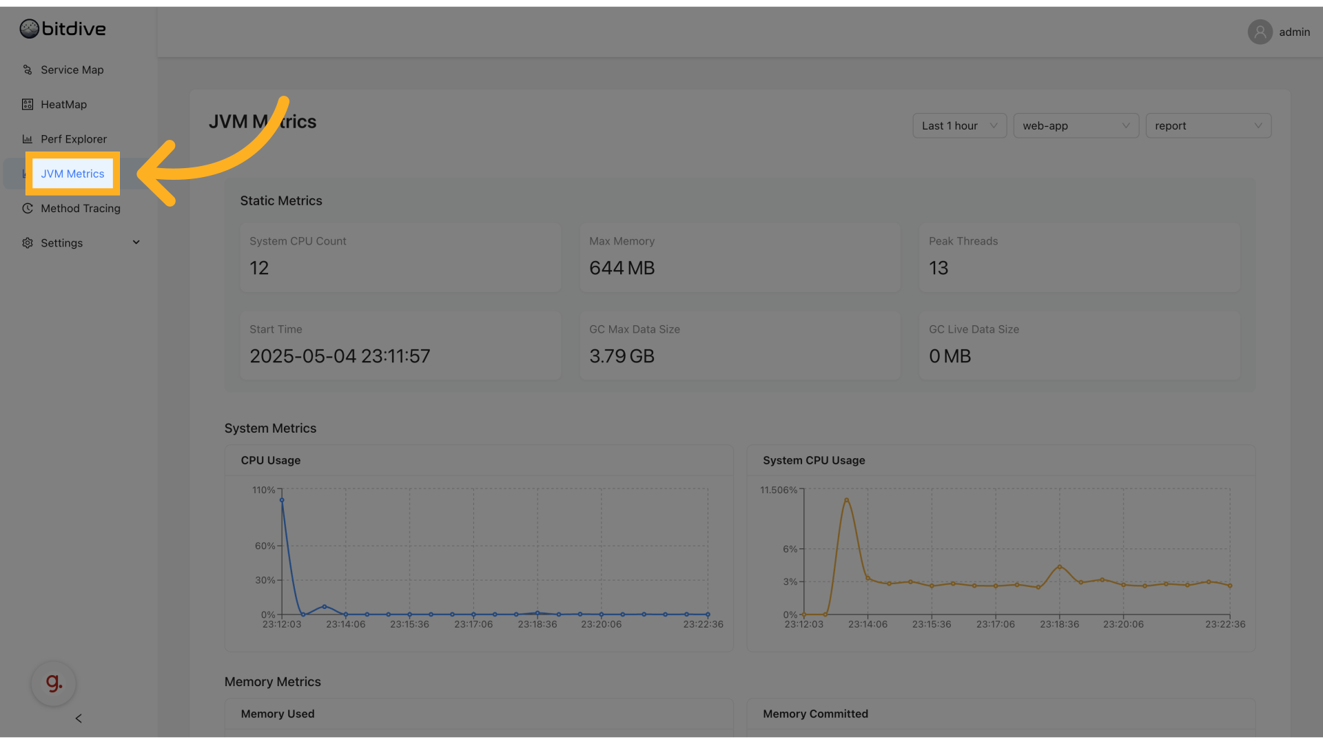 BitDive JVM Metrics Navigation - Accessing the real-time Java application health dashboard