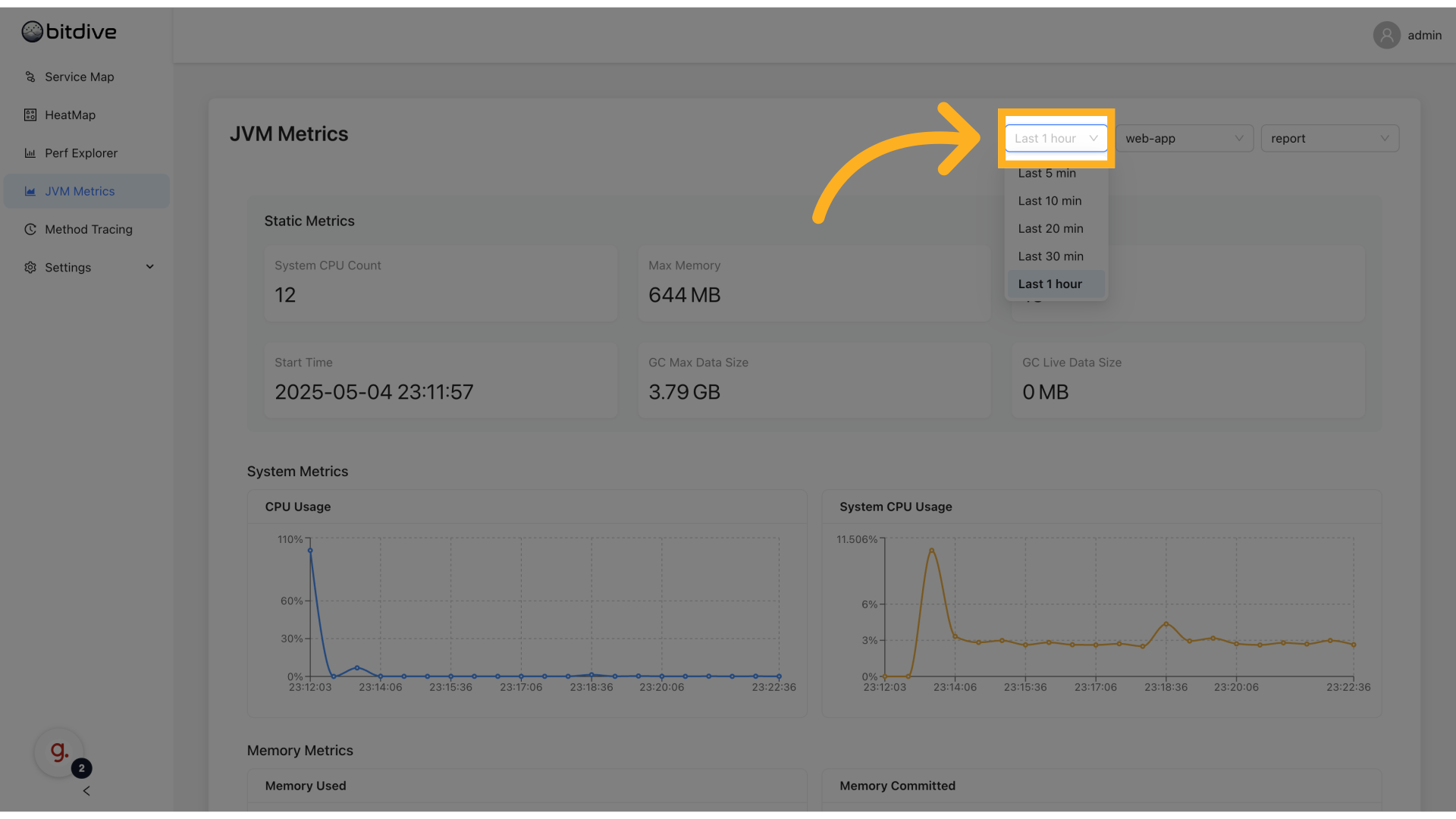 JVM Monitoring Toolbar - Adjusting time ranges and auto-refresh for live Java heap monitoring
