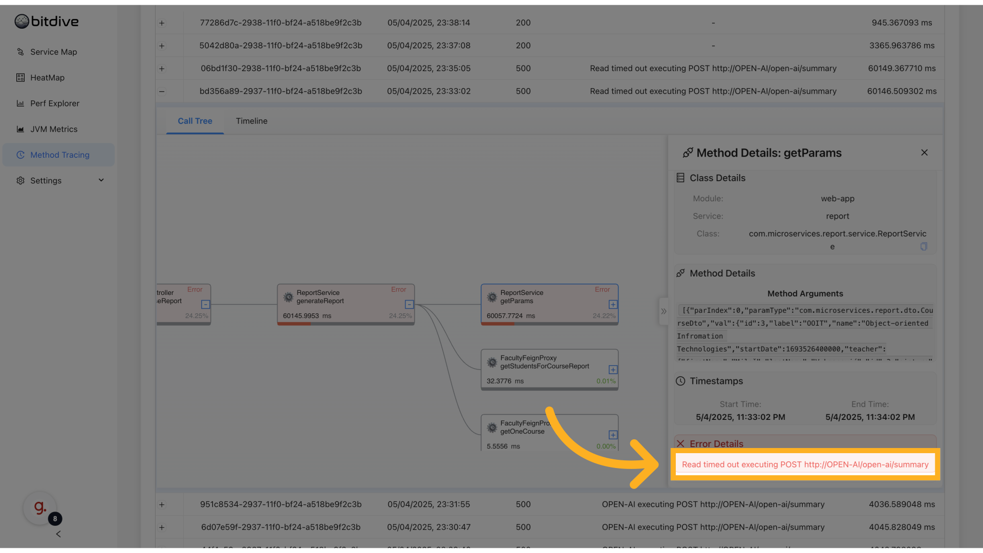 BitDive Error Details - Investigating Java exception parameters and failure context in a request chain