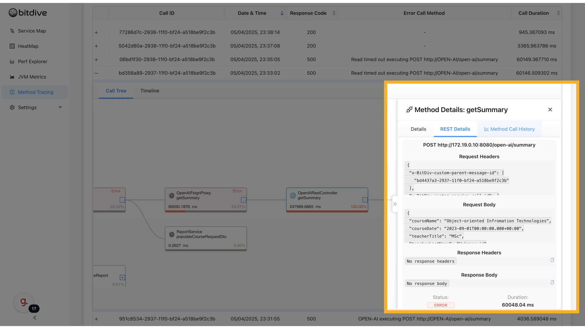 External Service Tracing - Investigating Java exception details and third-party API latency in BitDive
