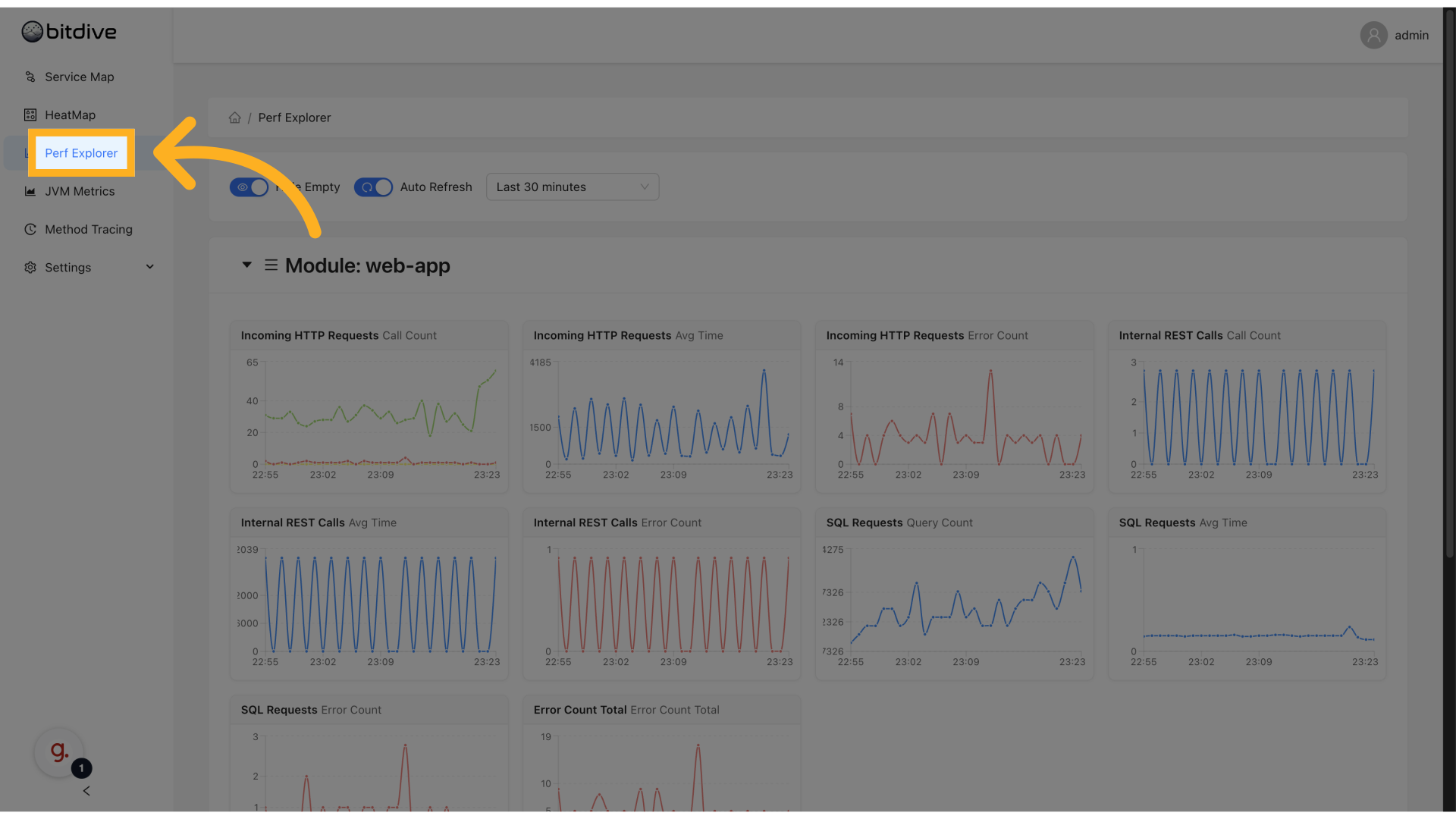 BitDive Navigation - Accessing Performance Explorer from the main dashboard menu