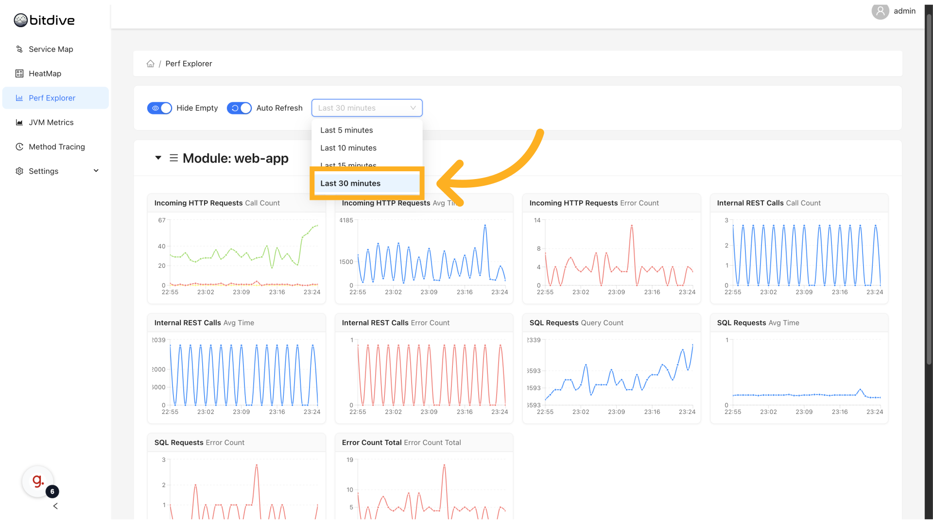 Performance Explorer Toolbar - Configuring time ranges and auto-refresh for live Java metrics