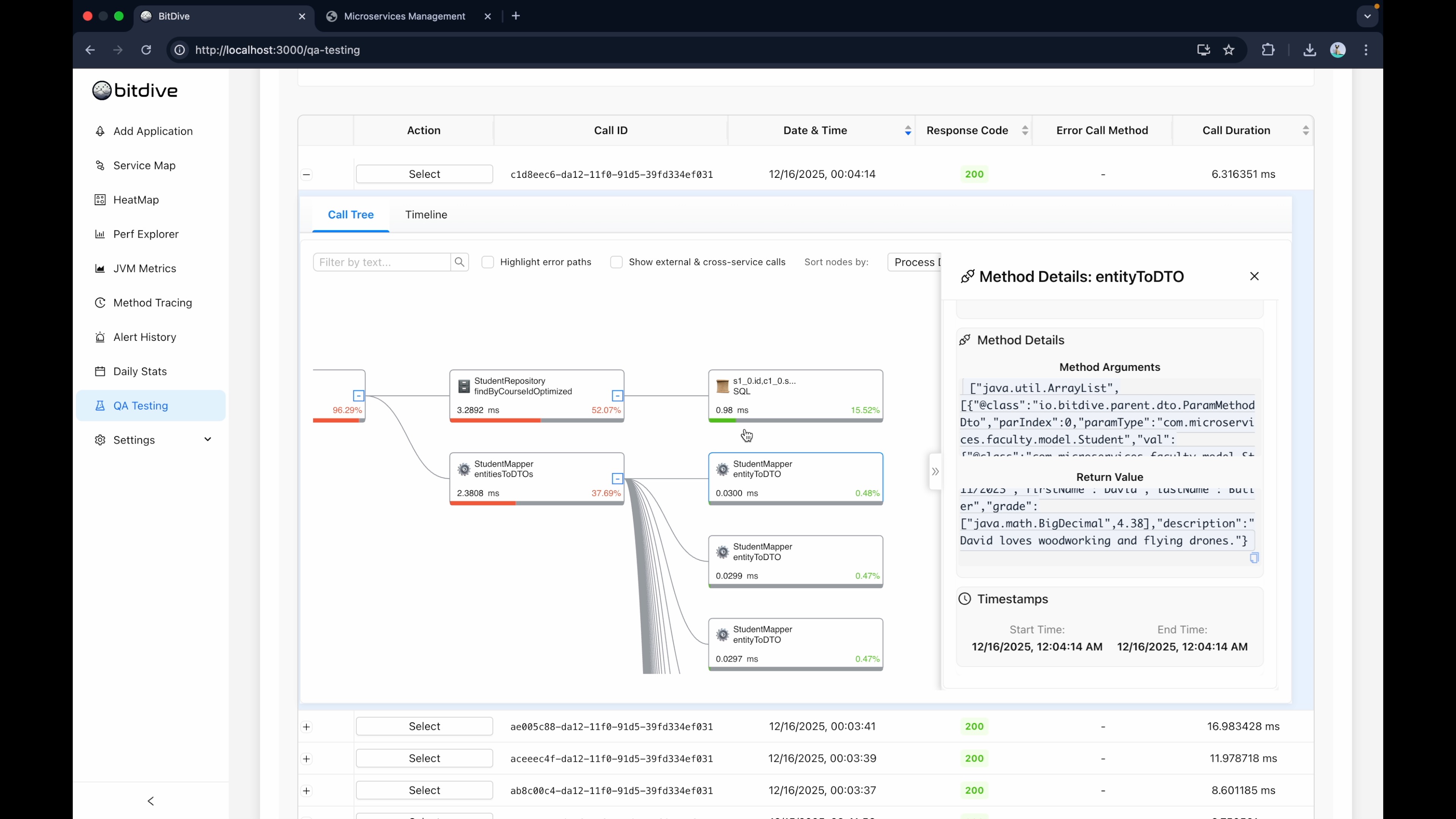 BitDive Detailed Trace View - Inspecting method-level input arguments and return values for logic verification